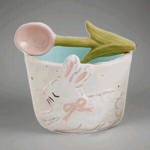 Mud Pie Easter Bunny Tidbit Bowl Pink Bow w/ Spoon | Spring Table Decor